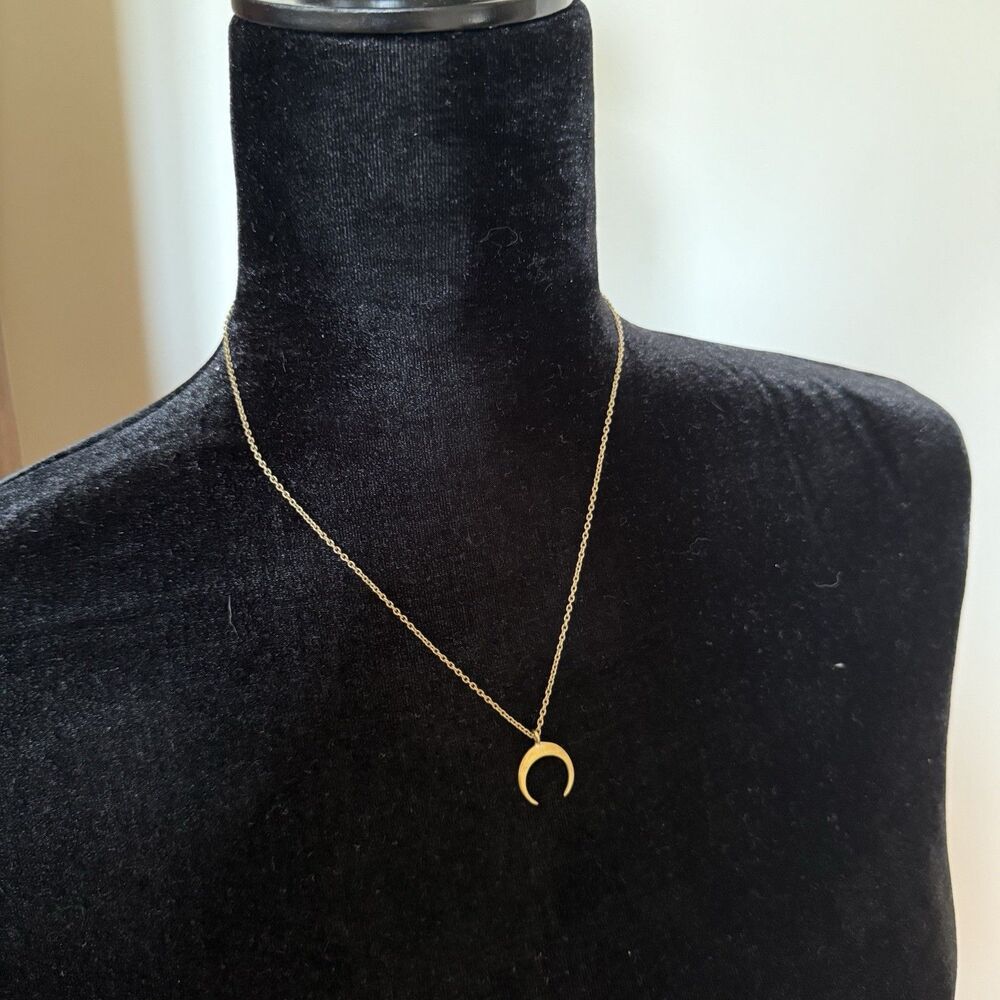 Brass Tone Crescent Moon Dainty Delicate Pendant Statement Necklace